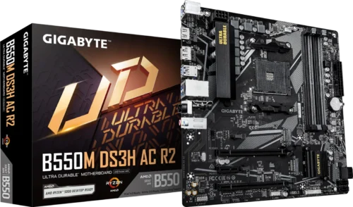 GIGABYTE B550M DS3H AC R2 motherboard with retail box