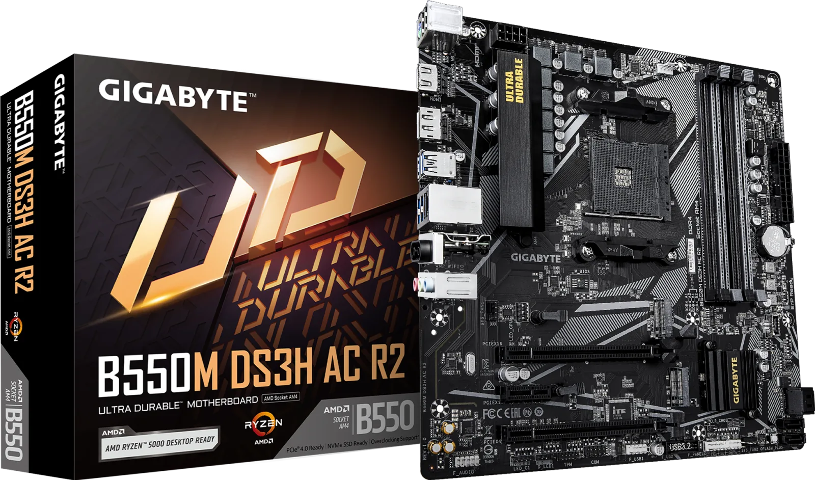 GIGABYTE B550M DS3H AC R2 motherboard with retail box